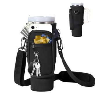 Imagem de Bolsa de transporte para garrafa de água com bolso para celular Stanley 40 e copo de 850 g, bolsa isolada de neoprene com alça ajustável para acessórios de copo Stanley Quencher H2.0, preta