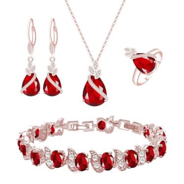 Imagem de LMXXVJ Conjunto de joias para mulheres, colar de zircônia cúbica em gota, brincos, anel ajustável, conjunto de joias, joias formais, presente, Cobre, Rubi sintético