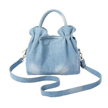 Imagem de GJHFCXSO Bolsa Jeans Feminina com Zíper e Babados Estilo Saco Vintage Transversal e com Bolsos,Light blue