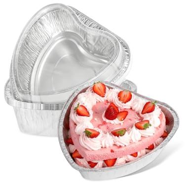 Imagem de Surakey 6 formas de bolo em forma de coração com tampas 765 g 7,4 polegadas recipientes de alimentos tamanho grande folha de alumínio descartável cupcake embalagem de alimentos caixas para viagem para