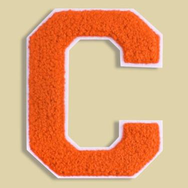 Imagem de QianSiLi Adesivos de letras universitárias de chenille laranja de 11 cm, letras grandes para jaquetas Letterman, moletons com capuz, mochilas, coletes, roupas, adesivos individuais da letra C