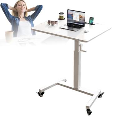 Imagem de Mesa de pé móvel, pequena mesa de pé com interface USB/sem interface USB 60 * 50 cm ajuste de altura 75-112 cm mesa de joystick manual com rodas para escritório em casa branca