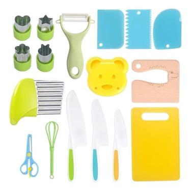 Imagem de Kit de Cozinha Montessori para Crianças, 17 Peças, Brinquedo Educativo com Facas de Plástico, Cortadores, Tábuas, Descascador e Utensílios Coloridos