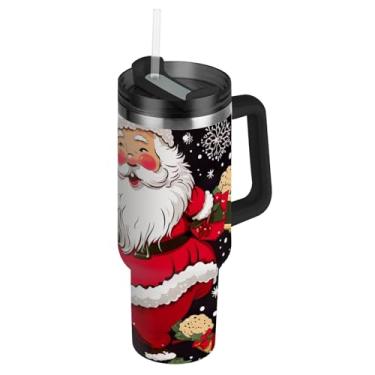 Imagem de Copos de aço inoxidável com tampas e canudos Retrô Natal Papai Noel Red Hot Caneca de café para carro rosa fofo copo de 1,134 g com alça garrafas de água isoladas