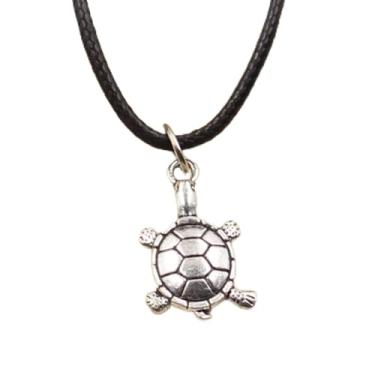 Imagem de EDCRFV Pingente de prata tibetano tartaruga tartaruga colar berloque de couro preto feito à mão