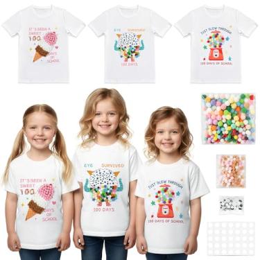 Imagem de R HORSE Kit de camiseta DIY do 100º dia de escola – 3 peças kit de camiseta monstro máquina de sorvete com pompons e olhos arregalados para crianças, 100 dias, festa, escola, atividades artísticas