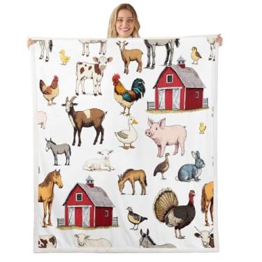 Imagem de Cobertor de lã de animais de fazenda rústico para crianças, cavalo galo, galo, touro, gado, vaca, cobertor de cama estilo country 127 x 152 cm, decoração de quarto de ovelha, porco, burro, ganso