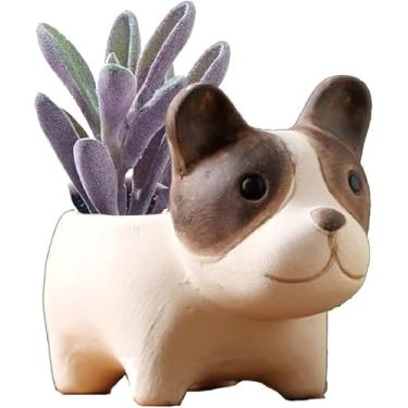 Imagem de WENDIN Lindo vaso de cerâmica para suculentas, pequeno vaso interno em forma de animal, lindos vasos de flores de cacto com drenagem para mesa de escritório e decoração de jardim doméstico (Cão marrom