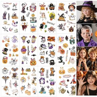 Imagem de Tatuagens temporárias de Halloween para adultos - 12 folhas 120 peças, fofas, engraçadas, doces ou travessuras, tatuagens falsas para mulheres, homens, artigos de lembrancinha de festa, maquiagem