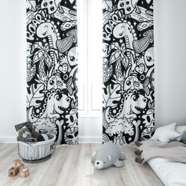 Imagem de Cortina Tecido Oxford Quarto InfantilDinossauro Desenhos Preto e Branc