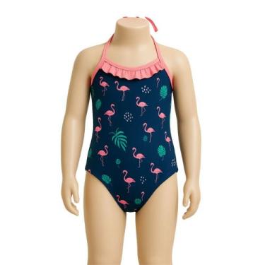 Imagem de Maiô Infantil Flamingo Azul Marinho com Alça Rosa e Babado - anjo da m