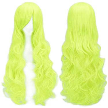 Imagem de IMISSU Peruca cosplay de cabelo natural cacheado longo com franjas coloridas fantasia de Halloween perucas de festa (Verde fluorescente)