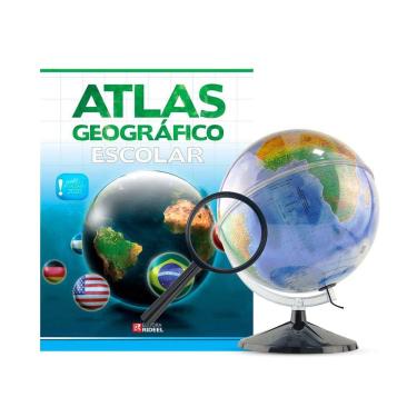 Imagem de Kit Globo Terrestre Profissional Mondo 30CM + Lupa +  Livro Atlas Escolar Com Divisão De Países Base Em Plástico