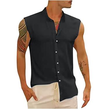 Imagem de Coletes para homens verão outono sem mangas decote em V linho camiseta regata nó simples coletes masculinos 2024 Y2K, P-652 Preto, M
