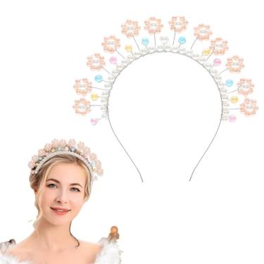 Imagem de deladola Faixa de cabelo feminina pérola flor strass branco joias de cabelo acessórios de cabeça brilhante (rosa)