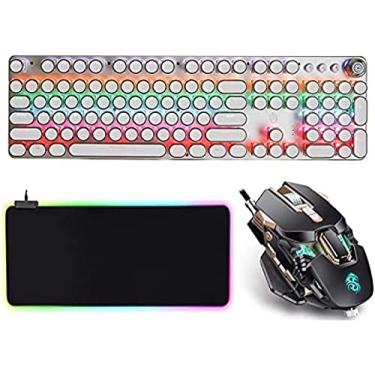 Imagem de Teclado mecânico LED retroiluminado retro máquina de escrever teclado para jogos e mouse pad combinação teclado USB - interruptor azul 104 teclas Steampunk inspirado no vintage, branco