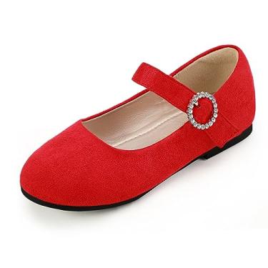 Imagem de PANDANINJIA Sarena sapato social feminino strass florista bailarina sapatilhas de balé Mary Jane festa de casamento sapatos escolares para crianças pequenas crianças grandes, Camurça vermelha, 15