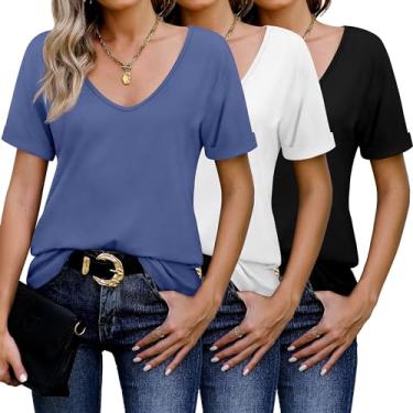 Imagem de Riyiper Pacote com 3 camisetas femininas com gola V, manga enrolada, lisa, casual, folgada, leve, básica, macia, Preto, branco, azul jeans, P