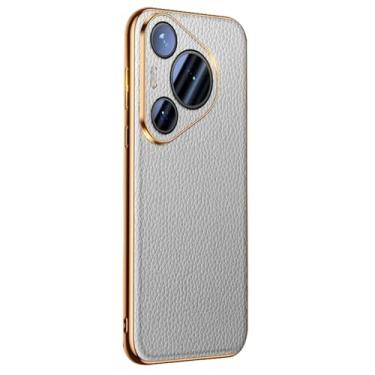 Imagem de LTLMYDAM Capa de couro bovino para HuaWei Pura 70 Ultra/70 Pro/70 Pro+/70, capa de proteção de lente de borda banhada de luxo à prova de choque, capa de couro genuíno, cinza, 70 Pro