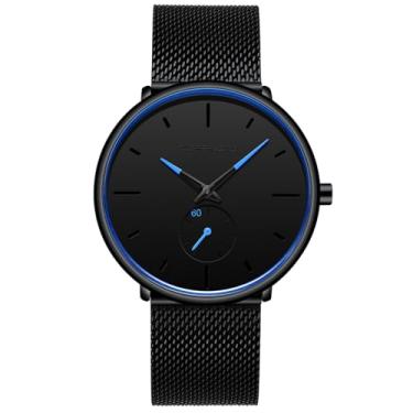 Imagem de FIZILI Relógios masculinos ultrafinos minimalistas à prova d'água – Relógio de pulso moderno masculino unissex com pulseira de malha de aço inoxidável, Azul marinho, Estilo minimalista moderno