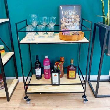 Imagem de Carrinho Bar Industrial de Ferro e Madeira com Rodinhas Natural e Pret