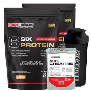 Imagem de Kit 2x 6 Six Protein 2kg + Creatina 100% 500g + Coqueteleira - BODYBUILDERS (Médio, Cappuccino)