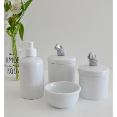Imagem de Kit Higiene Bebê Porcelanas K016 Prata Aplique Ursa Coroa Laço Cavalo 