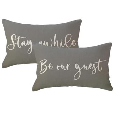 Imagem de ULOVE LOVE YOURSELF 2 capas de almofada para decoração de quarto de hóspedes com design Stay Awhile and Be Our Guest 30,5 x 50,8 cm (cinza)