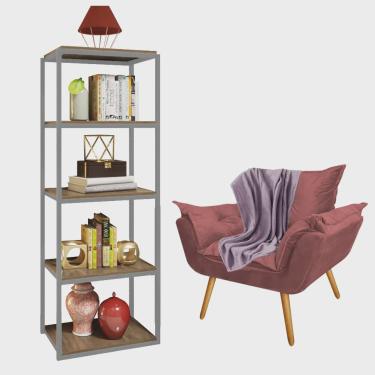 Imagem de Kit Poltrona Fatte com Manta Soft Lilás e Estante Livreiro Ferro Prata mdf Imbuia Suede Rose Gold - Ahz Móveis