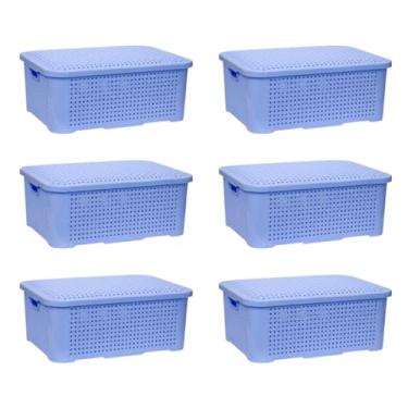 Imagem de Kit 06 Caixa Organizadora Rattan 10 Litros Empilhavel com tampa jogo Plástico.33cm×24.5cm×12.5cm.organizadores；caixas organizadoras plastico(AZUL)