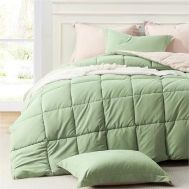 Imagem de Homelike Moment Conjunto de edredom Queen, verde sálvia, tamanho Queen, macio, leve, alternativo, tamanho casal, reversível para todas as estações, conjunto de 3 peças, verde sálvia, bege
