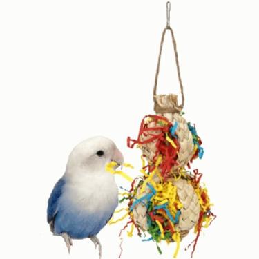 Imagem de Bolas de brinquedo de poleiro de forrageamento para desfiar pássaros, papel enrugado colorido para pendurar bico triturador de casca de milho brinquedo de mastigar com sino satisfaz puxar e prender