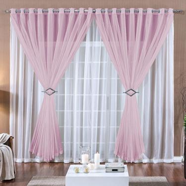 Imagem de Cortina Para Varão Paula 2,00m X 1,70m Alt Tecido Voal - Branca e Rosa