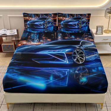 Imagem de AILONEN Jogo de lençol solteiro com elástico, carro de corrida, cidade de corrida, para meninos e adolescentes, lençol com elástico para esportes radicais com 2 fronhas, 3 peças