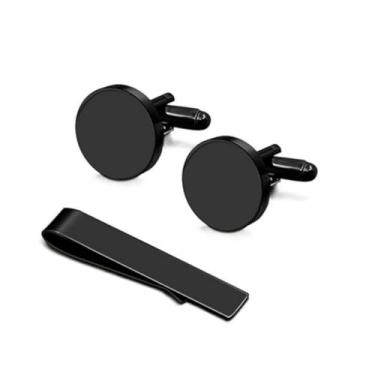 Imagem de Kit Par De Abotoaduras Redondas Para Punho De Camisa Masculina E Prendedor De Gravata, Em Aço Inoxidável Que Não Enferruja, Ideal Para Looks Elegantes + Saquinho De Veludo - DAZZELI (PRETO)