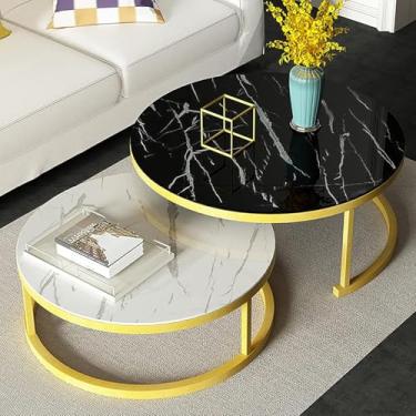 Imagem de Mesa De Centro Redonda Moderna Mesa De Aninhamento Vidro Temperado E Metal Mesa Lateral Conjunto De 2 Mesas De Centro Mesa De Estar, Gold Frame, Ø32in+Ø24in