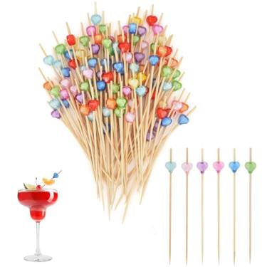 Imagem de JEPELUS 200 palitos de coquetel de coração, palitos de dente extravagantes de 12 cm para aperitivos, espetos de coquetel de bambu para bebidas, palitos de dente em forma de coração para festa