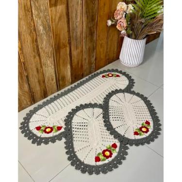 Imagem de Kit Tapete e Passadeira Cozinha Oval 3 Peças Cristal Bordado (Verde Militar)