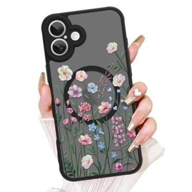 Imagem de AIGOMARA Capa floral para iPhone 16 [compatível com MagSafe] Linda estampa floral com capa de telefone semitransparente para mulheres Gilrs TPU macio e PC capa protetora traseira fina para telefone