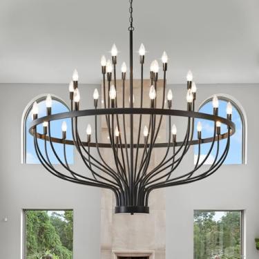Imagem de XINGSIYUELYX Lustre Preto De 48 Polegadas Para Sala De Jantar, Luminária Preta De 33 Luzes Para Sala De Jantar, Grande Lustre Industrial De Fazenda, Lustres Rústicos De Vela Para Sala De Estar, Hall