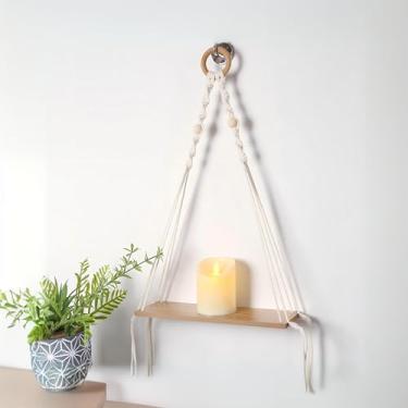 Imagem de Prateleiras flutuantes de macramê para decoração de parede Boho - Prateleiras de parede de madeira sem perfuração com ganchos adesivos e design de 1 camada - Prateleira de armazenamento decorativa