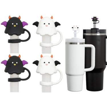Imagem de Amreich Linda tampa de palha fantasma para copo Stanley de Halloween - Topper de palha preto e branco para 30 copos de 1,134 g, acessórios de canudo à prova de poeira de silicone
