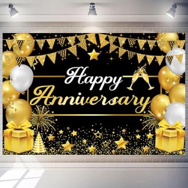 Imagem de Art_Angels Pano de fundo de feliz aniversário, design de balões grandes pretos e dourados para pendurar na parede, banner elegante para decoração de festa interna e externa (preto, 2,1 x 1,5 m)
