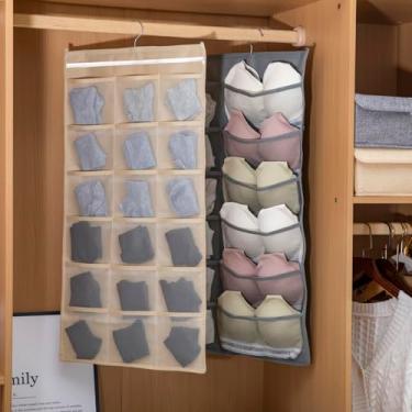 Imagem de Organizador de sutiã com dois lados para pendurar no armário com cabide de metal para pendurar para sutiãs, meias íntimas (cinza, 78 x 38 cm)