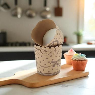 Imagem de Generic 50 peças de forros de cupcake papel kraft médio com estampa de laço de bolinhas descartáveis papel de polpa de madeira revestimento PE marrom avermelhado cáqui 7 x 5,5 cm