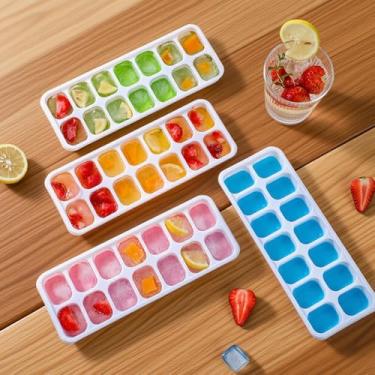Imagem de Bandejas de cubos de gelo, 14 células, forma de cubos de gelo de silicone com tampa removível resistente a derramamentos (azul, 4 peças)