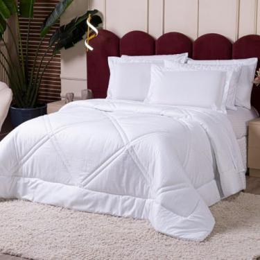 Imagem de Kit Edredom Cobertor QUEEN 03 Peças Mônaco Fitado Percal Soft 300 Fios com Fronhas - Dupla Face Listrado Acetinado Brilhante Toque Macio Cheio Grosso (Branco)