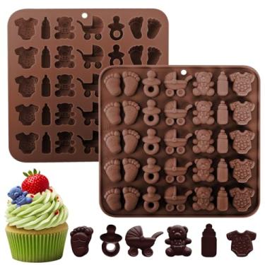Imagem de Fuehbur Moldes de silicone para chá de bebê, 2 peças, moldes de chocolate com macacão de bebê, chupeta, pés, berços, garrafa, urso, gelatina, molde, 35 cavidades, mini moldes para sobremesas de bolo