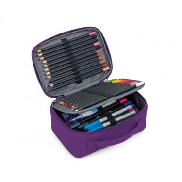 Imagem de Estojo Box Organizador Escolar Com Divisórias Multifuncional 24 Elásticos Lápis Caneta 100 Pens Masculino Feminino (Violeta)