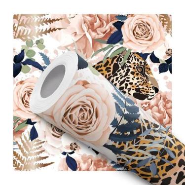 Imagem de Papel De Parede Adesivo Lavável Onça Pintada Flores Rosa E Azul Fundo 